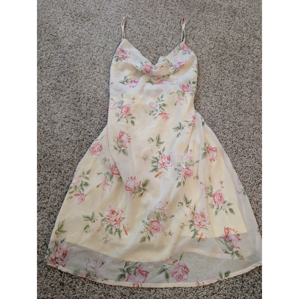 Princess Polly Pink Floral Cowl Neck Lace Up Back Mini Dress Cream US 4